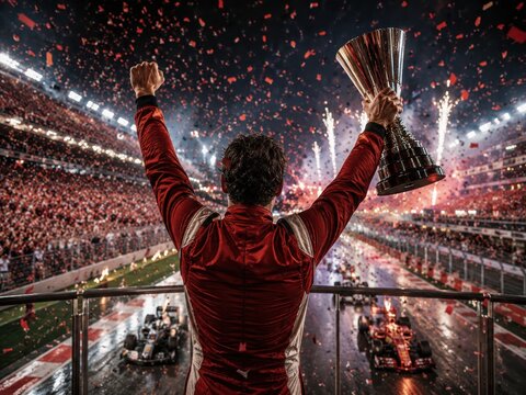 Formula 1 race car driver celebrating victory with trophy on podium