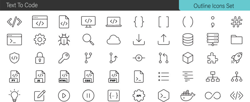 Text to Code Vector Outline Icons Set &ndash; Programming, Software Development and Coding Line Symbols Collection