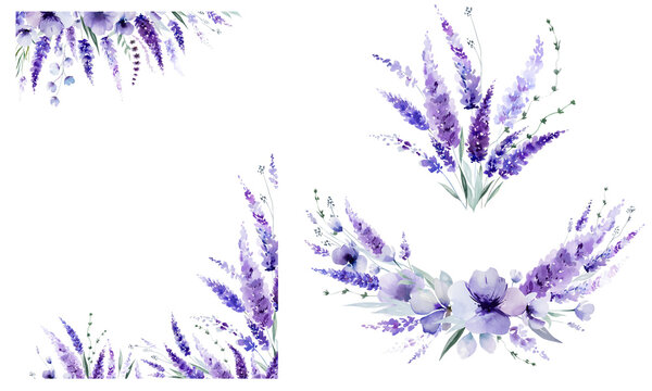 Watercolor frame and bouquet clipart with lavender flowers, summer event stationery illustration