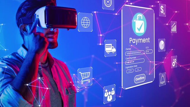Young man using virtual reality headset with payment interface in digital environment, showcasing modern technology and online transactions Gluon.