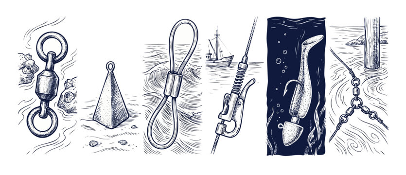 Fishing tackle gear illustration set featuring terminal rigs, swivels, sinkers, lures, and release clips for deep sea angling, displayed in a vintage engraved sketch style for marine sport art design.