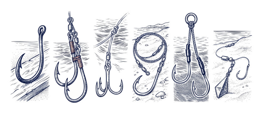 Fishing hook vintage tackle illustrations pack showing various rigs, knots, and metal sinkers on beach or water backgrounds in a retro hand-drawn etching style for outdoor sport fishing designs.