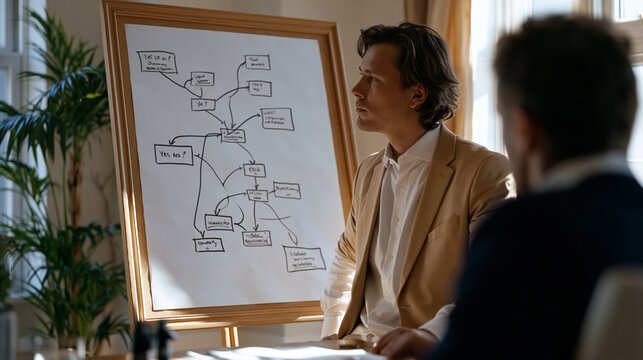 Flow chart decision tree mapping customer service escalation logic from initial inquiry through resolution, with branching yes-no nodes and outcome boxes, operations process