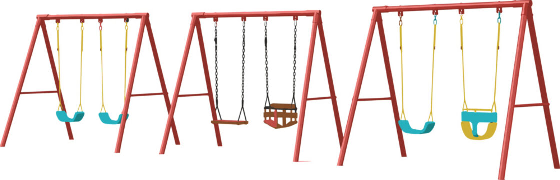 Outdoor Playground A-Frame Swing Set Vector Illustration with Red Metal Frames and Colorful Hanging Seats for Children Parks and Backyard Rec Areas