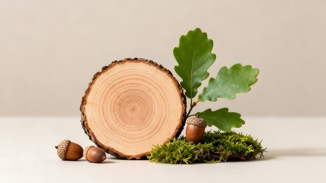 Tree trunk slice with acorns and moss