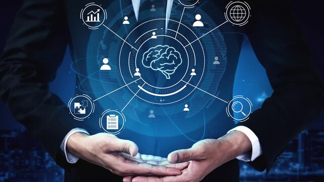 Abstract concept of digital transformation, data analysis, and artificial intelligence in business with hands holding virtual icons on a blue background. Entropy.
