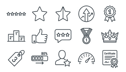 Fototapeta premium Ranking & Rating Icons Set — Stars, Medal, Crown, Podium, Thumbs Up, Badge, Certificate, Progress Bar, User Profile & Review Line Icons