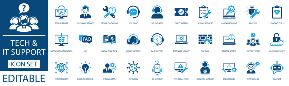 Tech & IT support solid icon set. Featuring customer service, troubleshooting, help center and cybersecurity. Vector icons for corporate user guides, business training manuals and helpdesk apps.