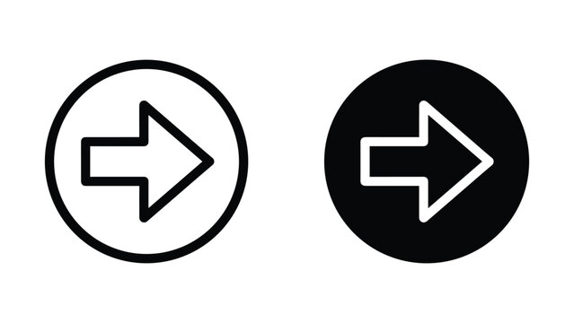 Right arrow button icon in outline and solid circle style for digital user interface design elements