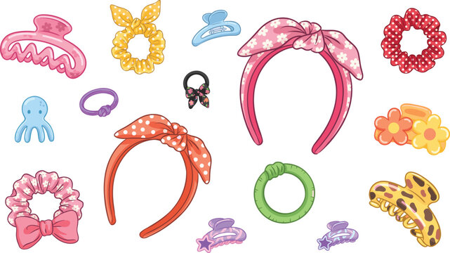Hair accessories cute collection vector illustration set with stylish headbands scrunchies hair claw clips and elastics for beauty salon graphic design.
