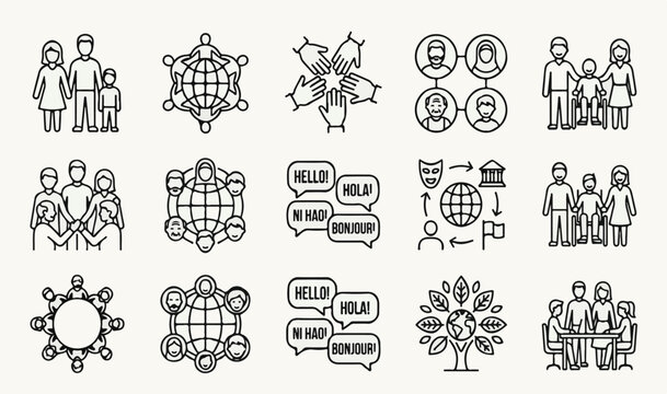 Multicultural & Global Community Icons Set &mdash; People, Globe, Network, Chat, Flag, Tree, Team, Diversity & International Outline Vector Icons
