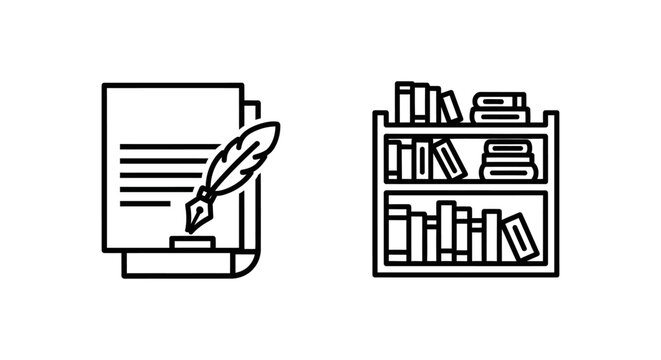 Contract template and bookshelf icons set with contract template bookshelf document agreement education knowledge bookcase literature business academic minimalist archiving