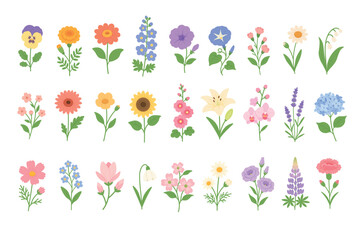 Obraz premium Cute flat vector spring flowers collection isolated on white background.