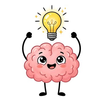 Cute cartoon brain character with a glowing light bulb idea isolated on white background