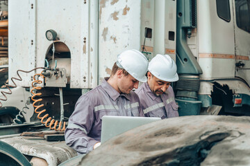 Fototapeta premium Two Caucasian Mechanics Checking Truck Engine Mechanical Parts with Laptop in Industrial Workshop Warehouse Facility