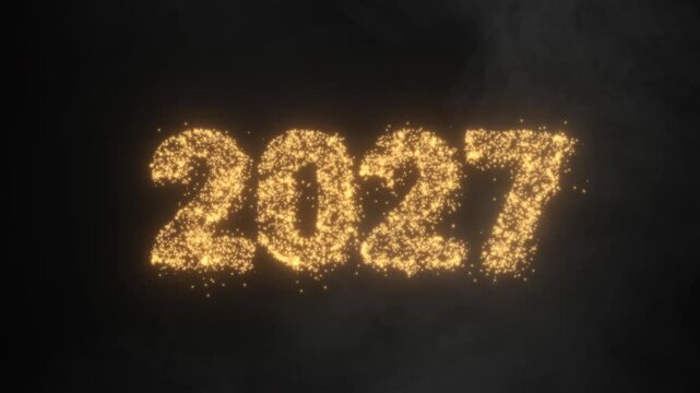 Glowing gold 2027 year numbers formed by sparkling particles on dark smoky background. Gold particles form the number 2027, creating a festive countdown feel. Great for New Year openers, event promos.
