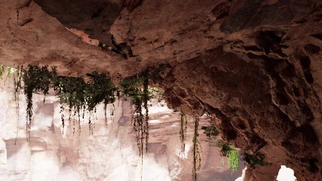 A group of people are exploring a large rock cave. Water is flowing from a waterfall. Green plants hang from the cave walls. Sunlight filters in from above creating a bright scene.
