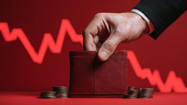 Economic recession and financial crisis concept with empty wallet in hands, stock market downtrend chart, rising inflation, unemployment and personal debt struggles on red background
