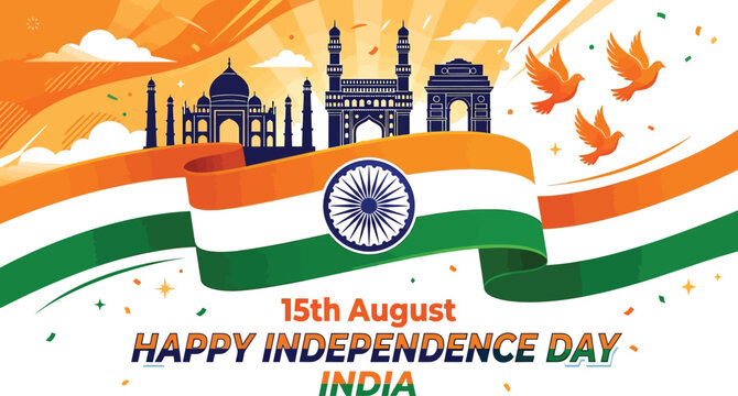 Indian independence day celebration with national symbols and monumental landmarks illustration
