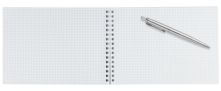Empty realistic horizontal math pad layout showcasing squared paper texture, wire binding and silver ink pen. Versatile web graphics kit for wide corporate banners and copy space