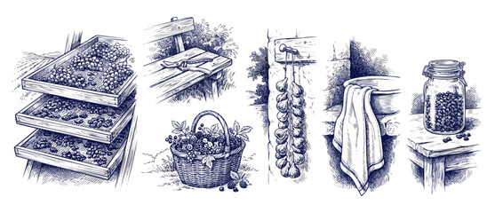 Rustic harvest sketch element collection featuring hand drawn vintage illustrations of drying grapes, garden shears, berry basket, hanging figs, wash basin, and coffee jar on white background. © Dinali