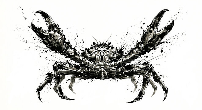 Powerful ink wash painting (Sumi-e) illustration of a crab with raised claws, seafood, white background with copy space