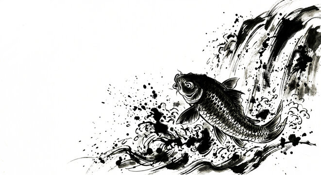 Ink wash painting (Sumi-e) illustration of a leaping Koi fish with water splashes, lucky symbol, white background with copy space