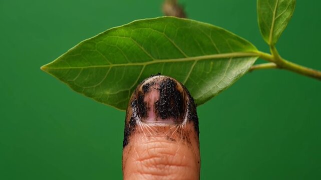 Close up of injured human finger with severely bruised fingernail under green leaf.