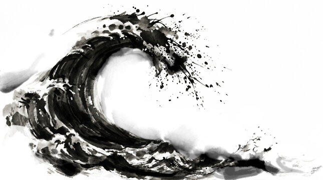 Dynamic ink wash painting (Sumi-e) illustration of rough ocean waves and crests, Japanese style sea, white background with copy space