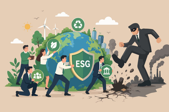 ESG, Environmental, social and corporate governance, protect the world or sustainability and responsibility concept, people corporate men together help protect the wold from bad guy destroying stomp