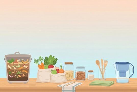 Zero waste kitchen essentials and fresh produce on wooden counter
