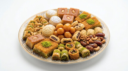 Fototapeta premium Arabic sweets assortment platter vector illustration for Ramadan and Eid Mubarak greeting card banner design