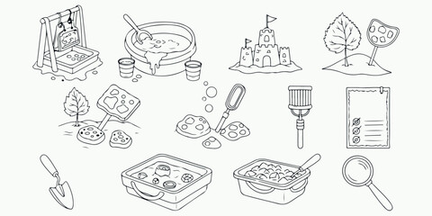 Kids outdoor play activities icons set sandcastle mud pie painting leaves shovel bucket hand drawn vector illustration art design collection childhood fun leisure summer beach  © Afiya bano