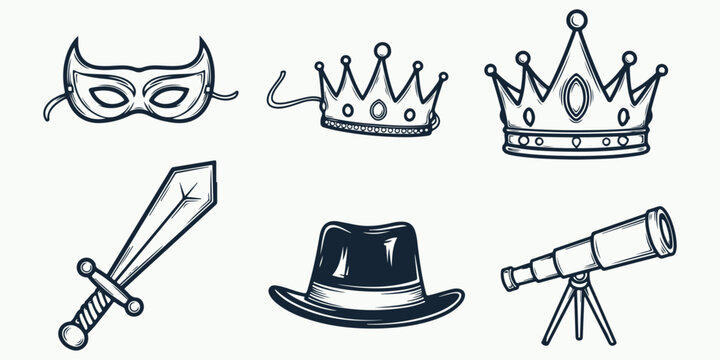 Fantasy roleplay costume accessories collection featuring mask crowns sword hat and telescope hand drawn vector illustration art design set for theater carnival party
