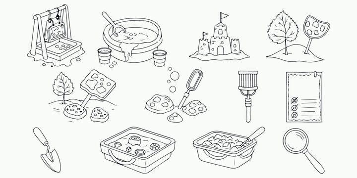 Kids outdoor play activities icons set sandcastle mud pie painting leaves shovel bucket hand drawn vector illustration art design collection childhood fun leisure summer beach
