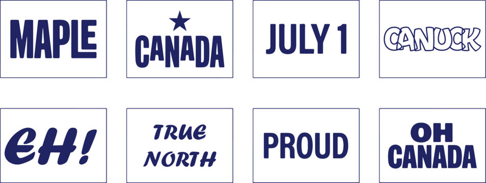 Canada day themed typography and phrase set in dark blue with elements