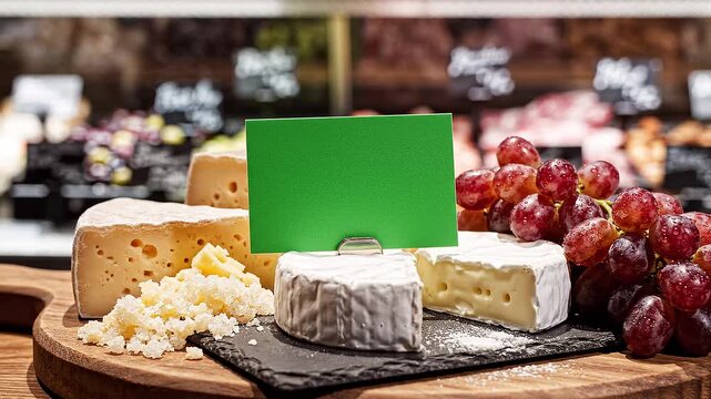 Gourmet Cheese Platter with Red Grapes and Blank Green Label