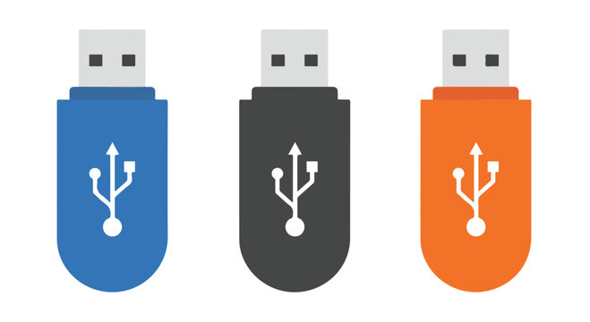 Three colorful USB flash drives on a white background, technology and storage concept