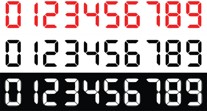 Digital seven segment display numbers set in red black and white for electronic clock countdowns