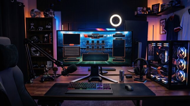 Premium gaming and streaming setup on a dark wooden desk with an ultrawide monitor displaying sports gameplay, custom RGB desktop PC, microphone, and ring light in a moody room.