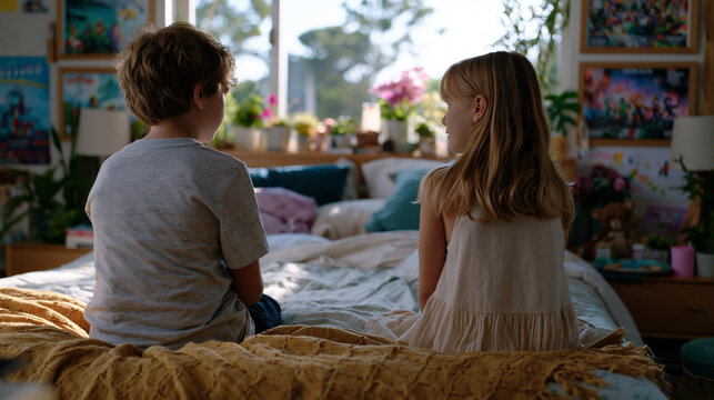 Two children sharing a single bedroom in a home with two different sets of framed rules on each side of the room, the visible demarcation of a divided household drawn in posters and personal objects