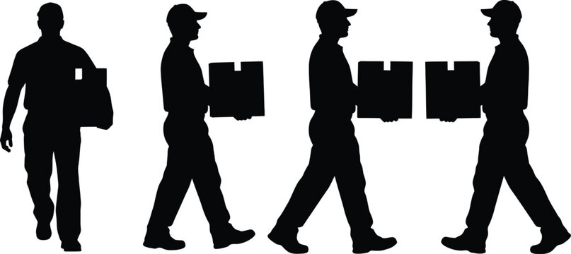 Silhouettes of delivery men carrying cardboard boxes walking in different directions