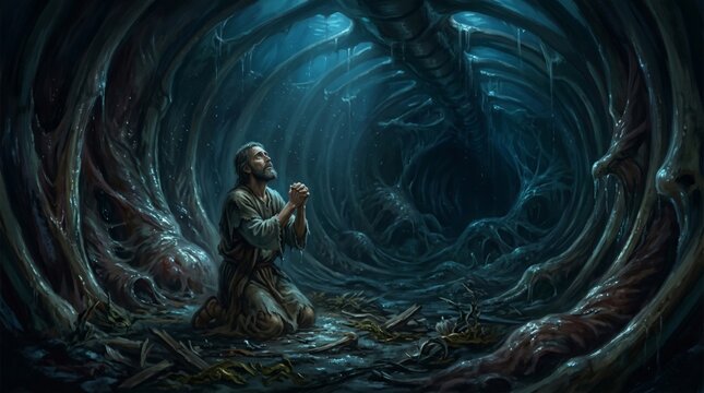 Biblical prophet Jonah praying inside the belly of a giant whale. Man kneeling in deep repentance and faith within aquatic sea creature. Classic religious story from Holy Bible.