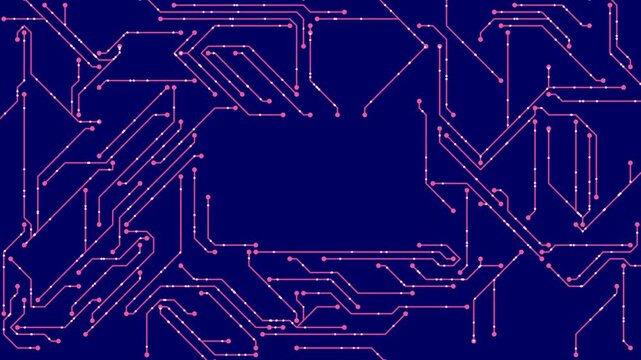 Circuit board pattern animation with pulsing magenta trace lines for technology backgrounds