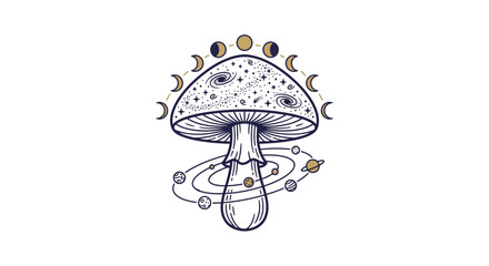 Cosmic Mushroom with Planets and Moon Phases, Mystical Celestial Fungi Art © burung