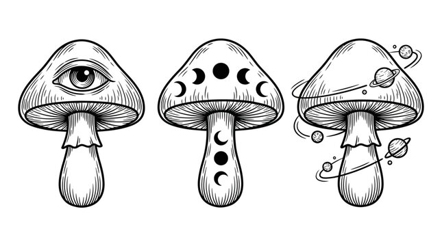 Esoteric Mushrooms: Eye, Moon Phases, Planets - Mystical Tattoo Design