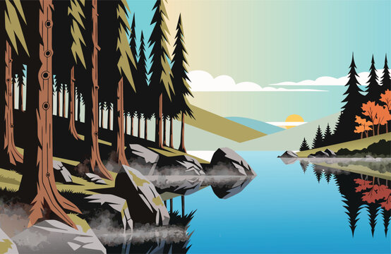 Forest landscape features tall pine trees reflecting in the calm waters of a mountain lake at sunrise.
