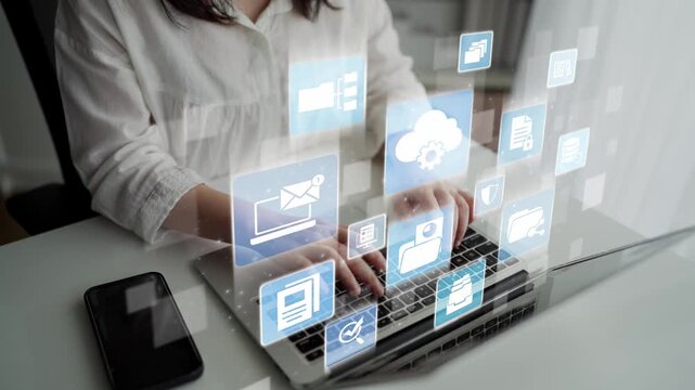 Concept design of managing online documents with cloud storage, digital file management, and secure sharing. Online documents improve workflow, online documents enhance security. Funnel