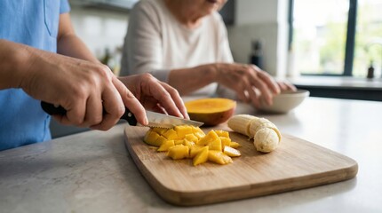 Obraz premium Hands cutting mango and banana on wooden board in kitchen
