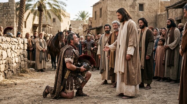 Jesus Christ standing before a kneeling Roman centurion in a biblical town. Religious scene depicting faith and humility in ancient Judea. Classic historical depiction for Easter concept.